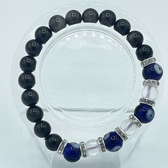 Crystal beaded stretch bracelet ONE NEW evil eye silver obsidian reiki meditatio - Picture 4 of 9